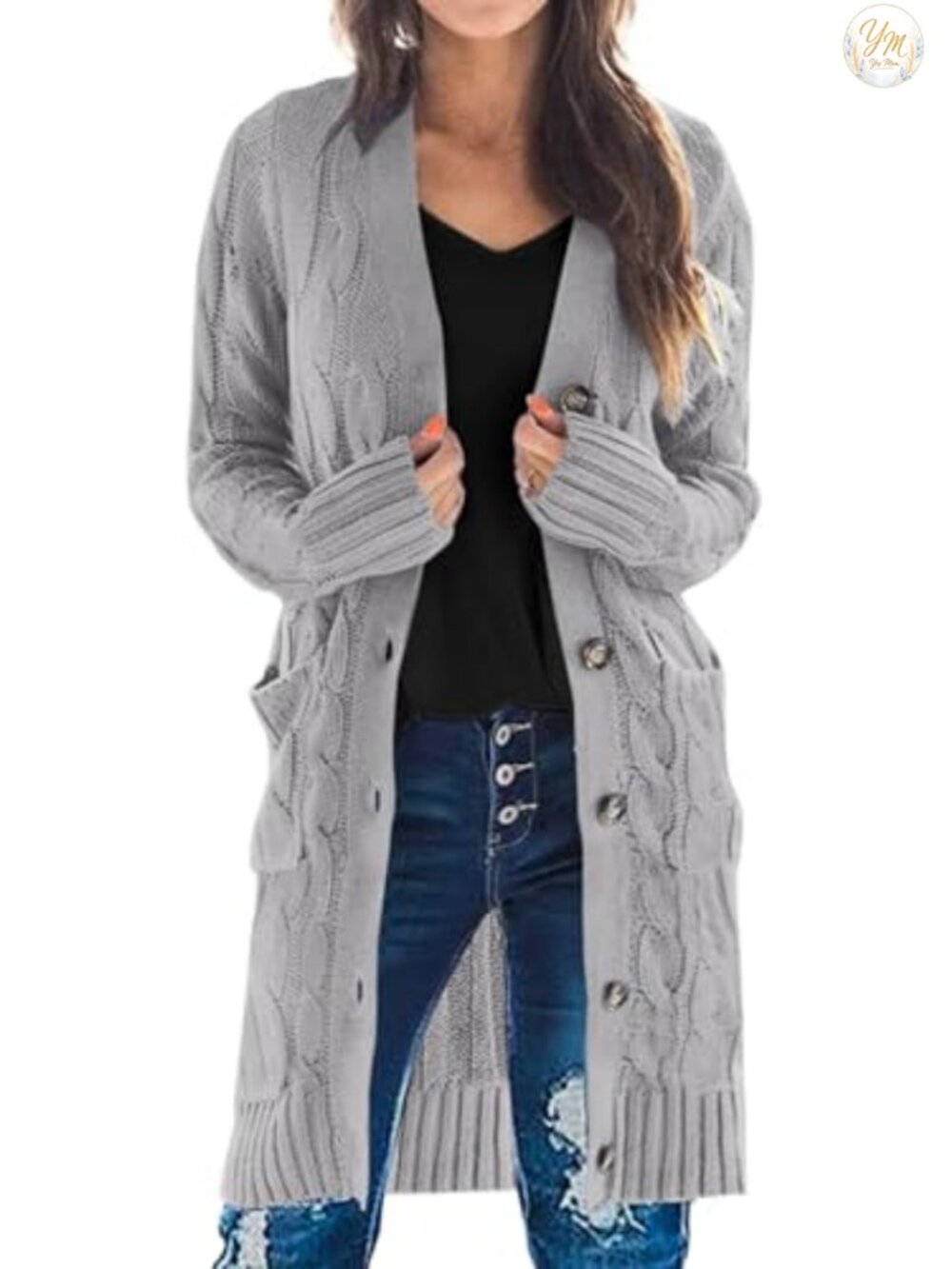 Cable Knit Button Long Cardigan Sweater with Pockets